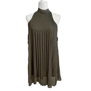 Taylor & Sage Pleated Metallic Striped Olive Sleeveless Shift Mini Dress Small